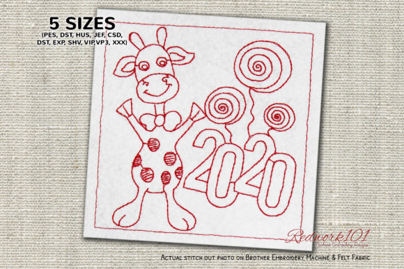 Baby Giraffe 2020 New Year Redwork