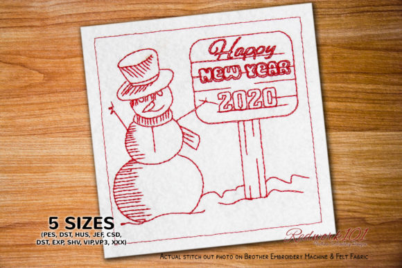 Snowman with New Year Sign Board Redwork